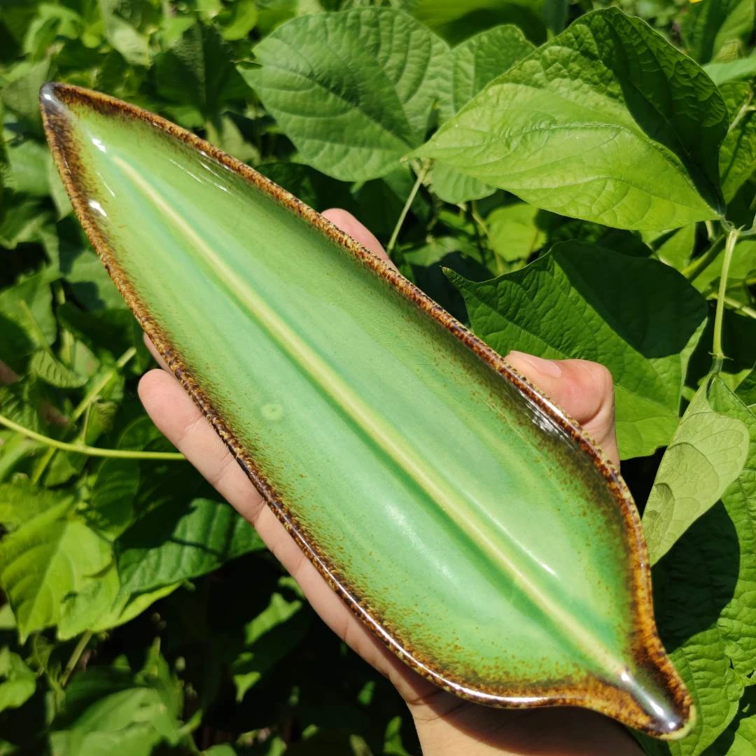 磁州窑国营邯郸五瓷厂创汇瓷绿釉帝王绿粗瓷异形竹叶盘