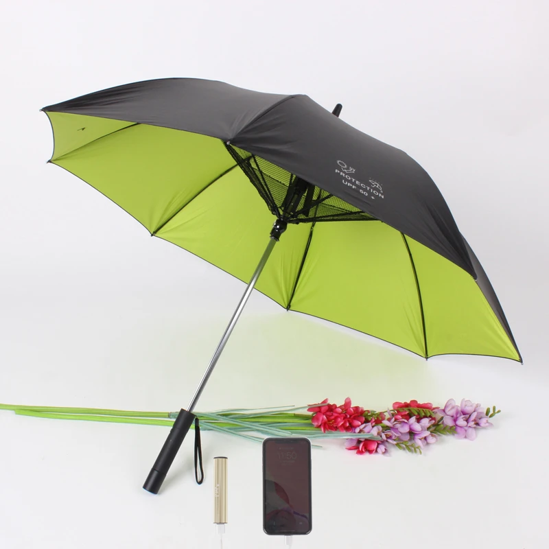 RAINSHOW充电款风扇伞防紫外线USB带风扇长柄伞黑胶学生防风