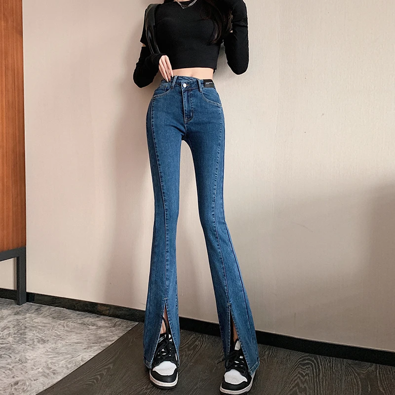 秋冬新款斜扣开叉修身抓绒牛仔裤女高腰显瘦百搭加长拖地微喇叭裤
