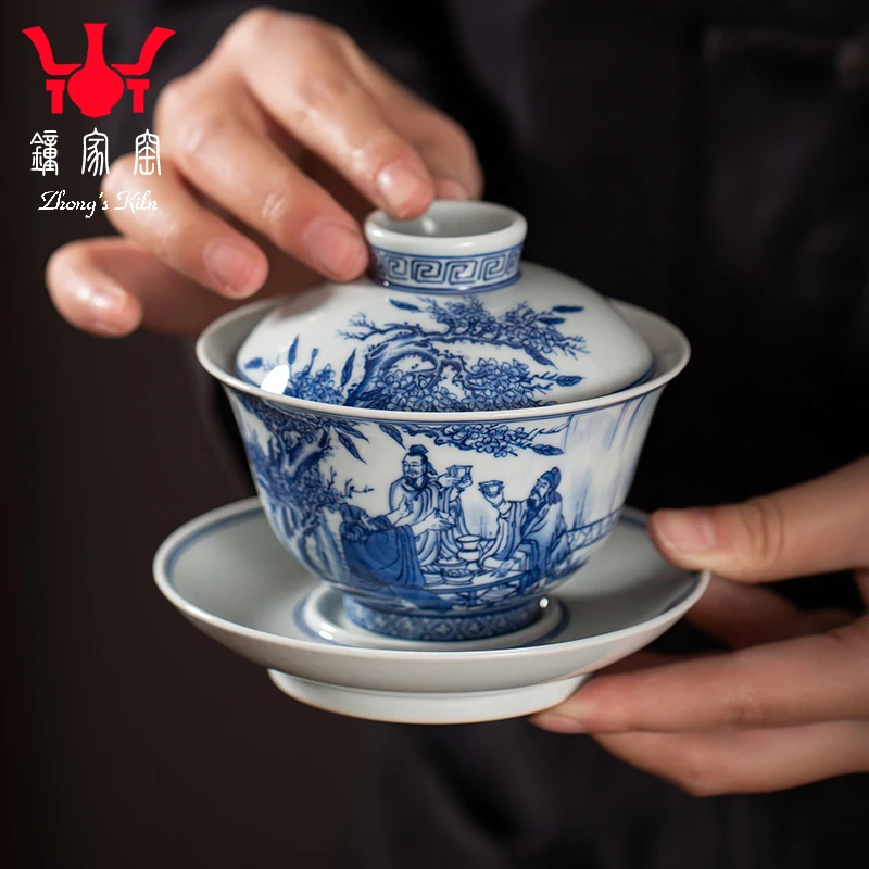 钟家窑泡茶碗景德镇三才盖碗茶杯手绘柴窑青花人物桃园三结义茶碗