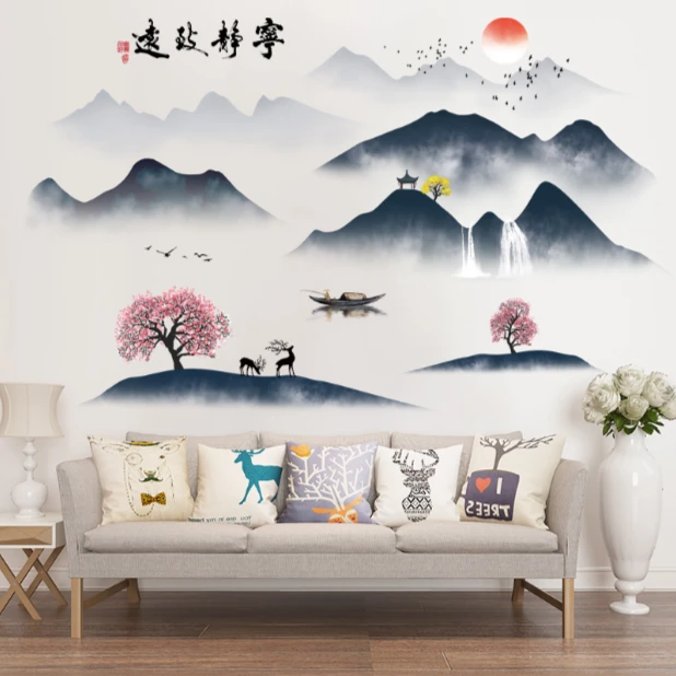 宁静致远水墨画国风墙贴  客厅电视背景墙贴纸