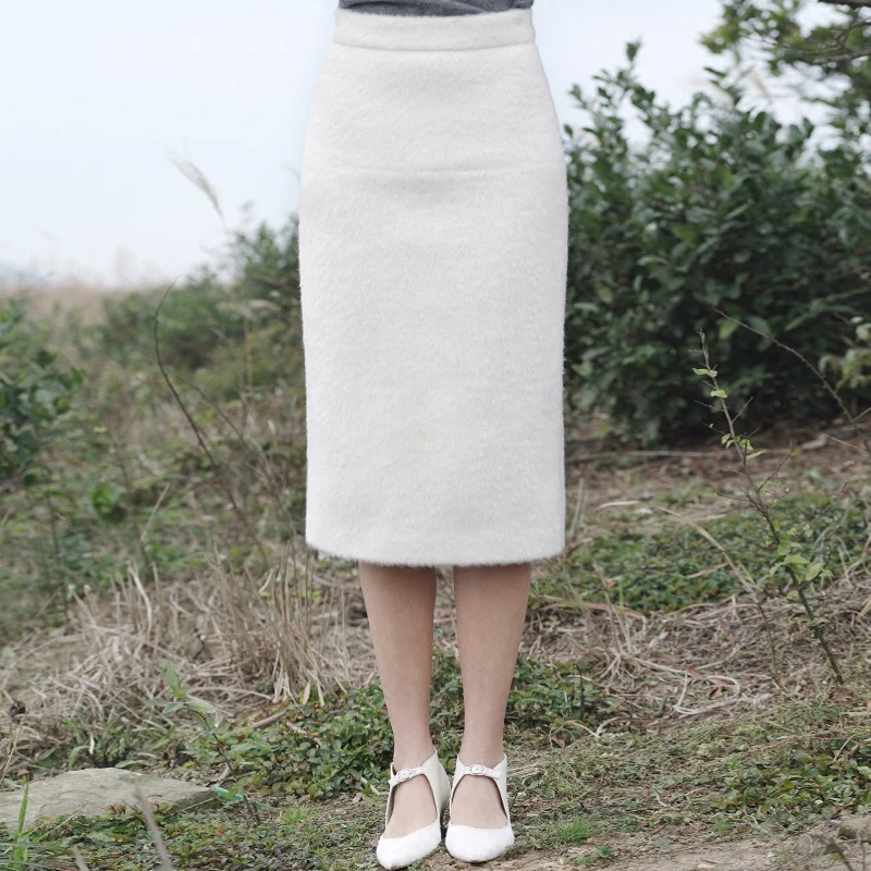 【特价】界内界外原创高腰过膝毛呢直筒百搭包臀半身裙白色Jb15037