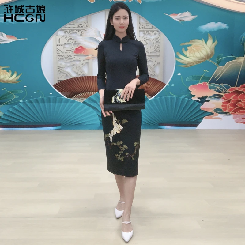 浒城古娘中式国风气质优雅高贵女士上档次松鹤旗袍连衣裙-21C1790