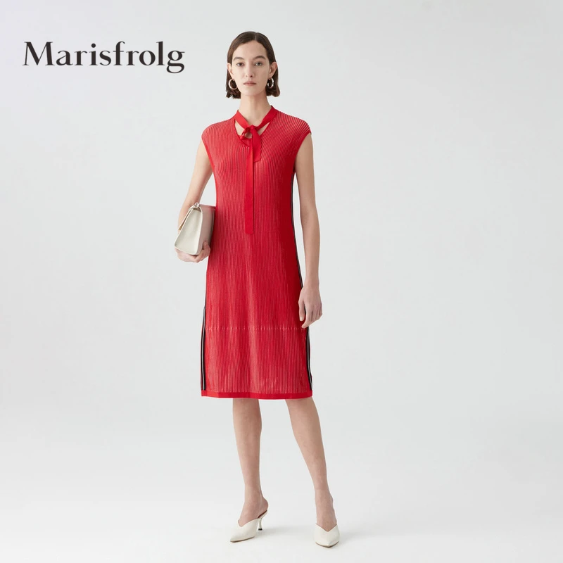 Marisfrolg玛丝菲尔中腰连衣裙修身时尚红色条纹针织裙A1KT2847M