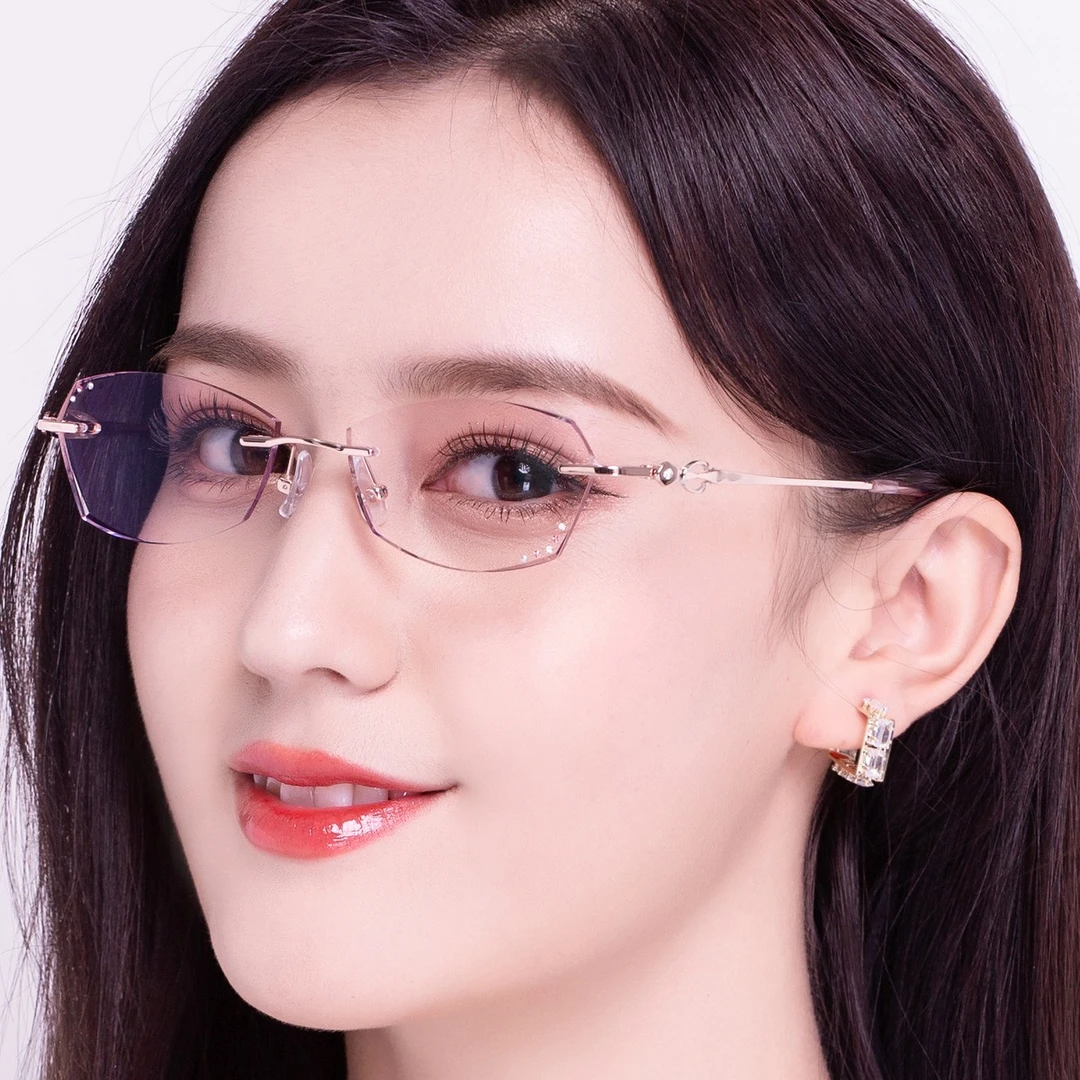 A3无框切边近视眼镜女渐进色防蓝光平光渐变色镶钻高度数女士