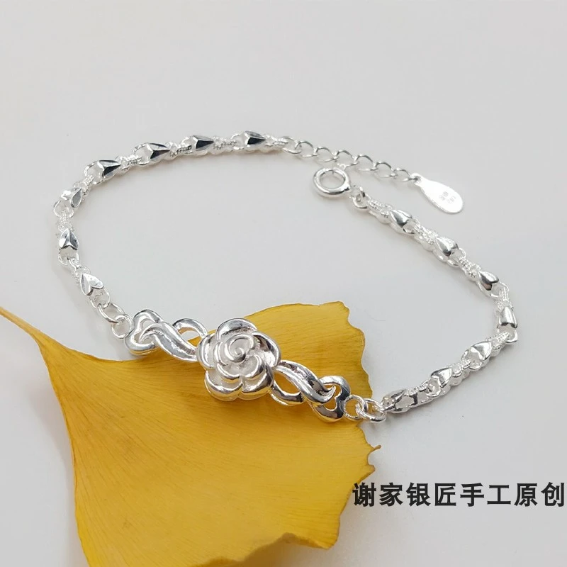 谢家银匠 足银手链 玫瑰花手链女 白玫瑰森系简约气质手链