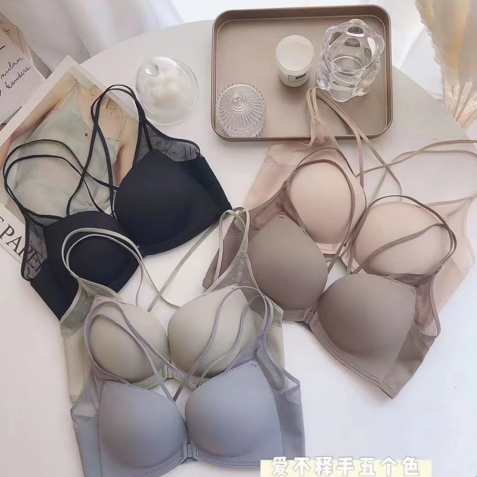 日本轻木棉舒适无钢圈前扣加厚聚拢交叉美背背心式内衣