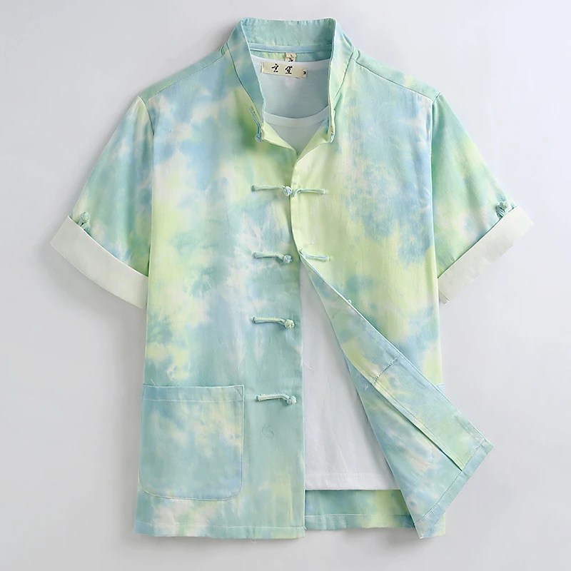 中国短袖扎染印花彩虹男士上衣中式复古中式唐装男款夏季男装国风