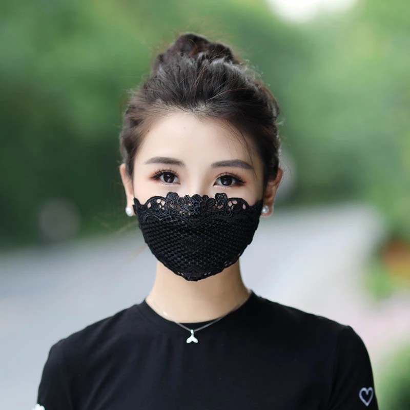 女神时尚网红款防晒透气蕾丝薄款防晒口鼻罩女黑色夏季口罩可水洗