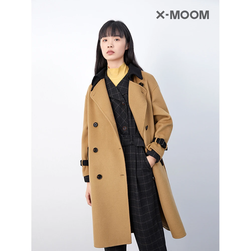 X--MOOM冬季新款长款撞色领双面呢大衣外套中长款风衣ZTDFD81130