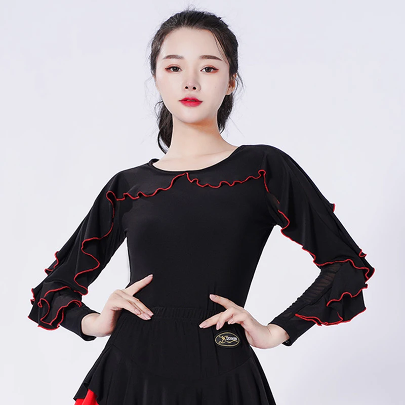 2222女士新款荷叶领拉边上衣拉丁吉特巴广场舞水兵舞表演练习服