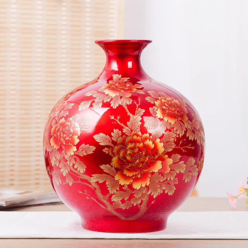 景德镇中国红水晶釉花瓶工艺品赠木底座大号高档