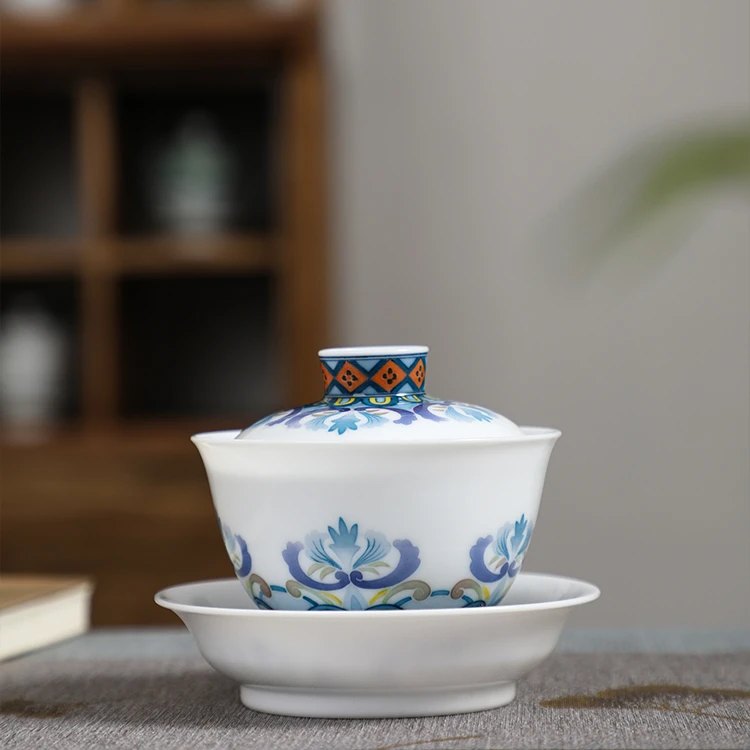 官润窑陶瓷手工手绘茶具三才盖碗茶室泡茶盖杯敬茶碗薄胎白瓷月汐