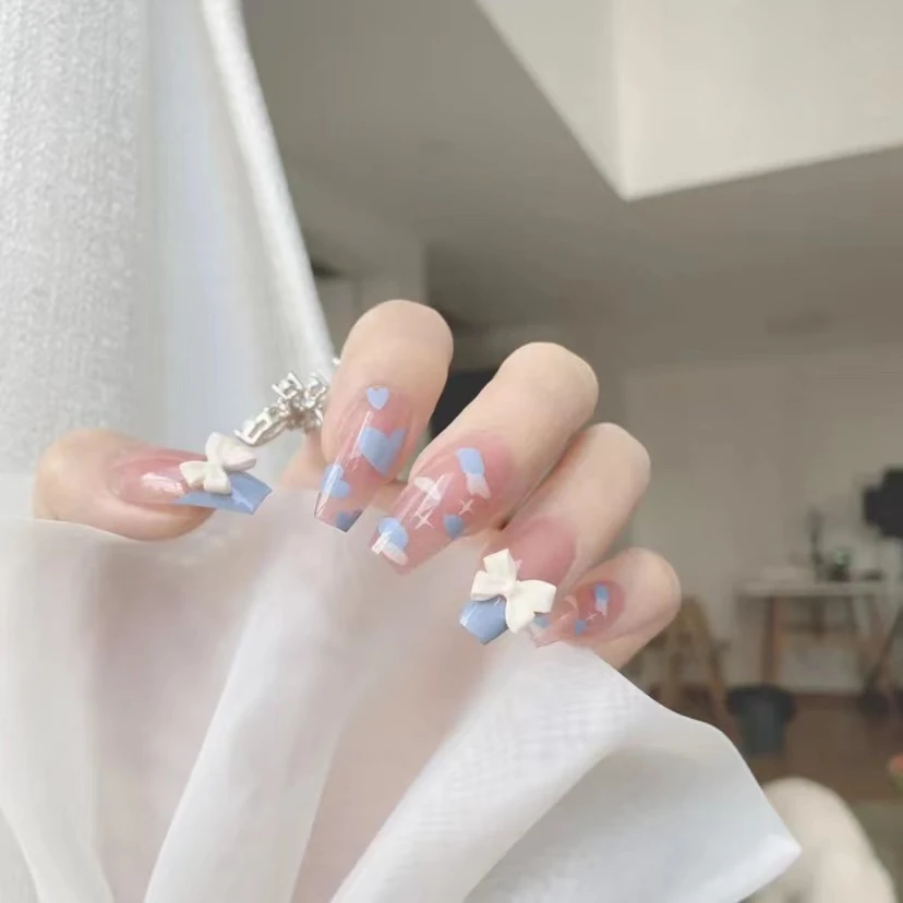 （超长款）蓝色爱心云朵 芭蕾美甲贴穿戴甲贴片 可反复拆卸假指甲