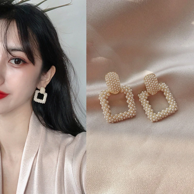 合金耳饰 气质几何方形珠珠耳环女时尚百搭法式简约设计感耳饰ins