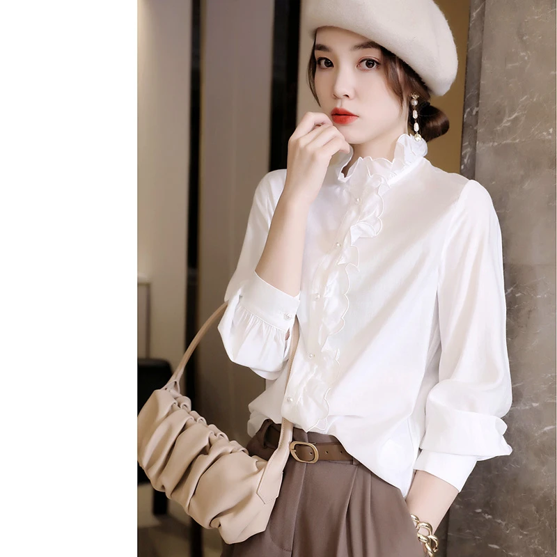 SS1539温柔是静静的美好优雅法式风花边点缀立领木耳边白色衬衣