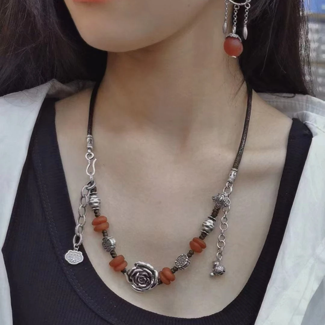 S925银手工银个性小众国风复古天然正宗蜜蜡玫瑰花项链女款礼物
