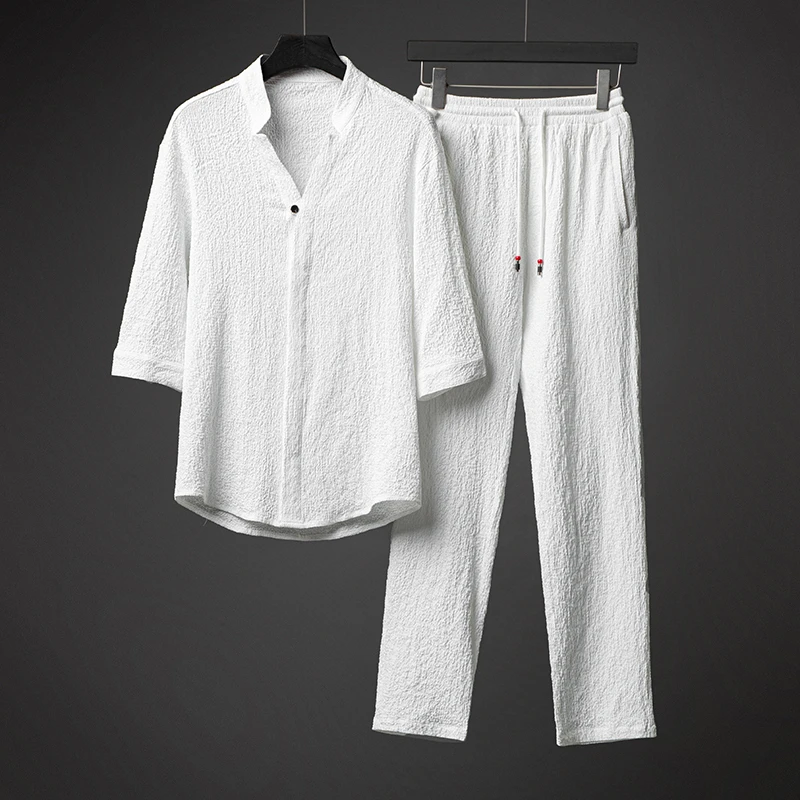 中国风薄款简约休闲唐装套装中式复古衬衫半袖微弹汉服茶服两件套