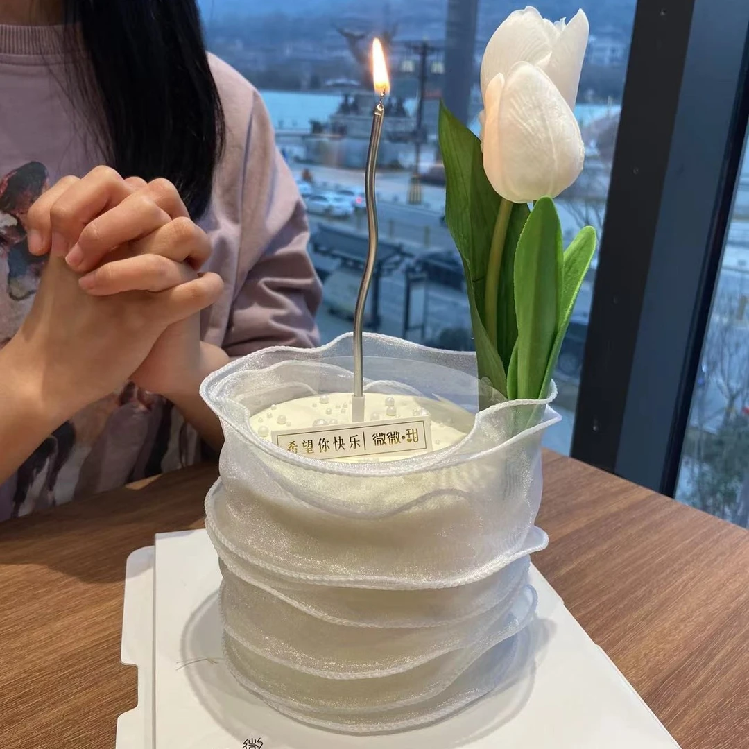 烘焙装饰仿真郁金香玫瑰小香风文围边装饰弯曲蜡烛丝带烘焙装扮