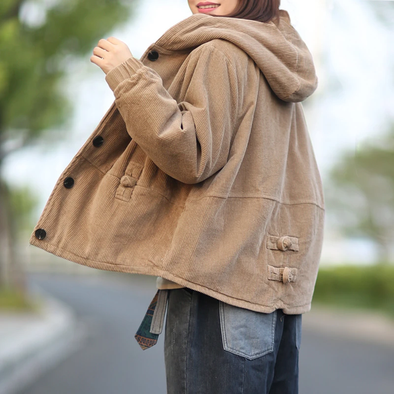 2024文艺复古宽松大码显瘦盘扣灯芯绒短款外套女连帽加厚加棉秋冬