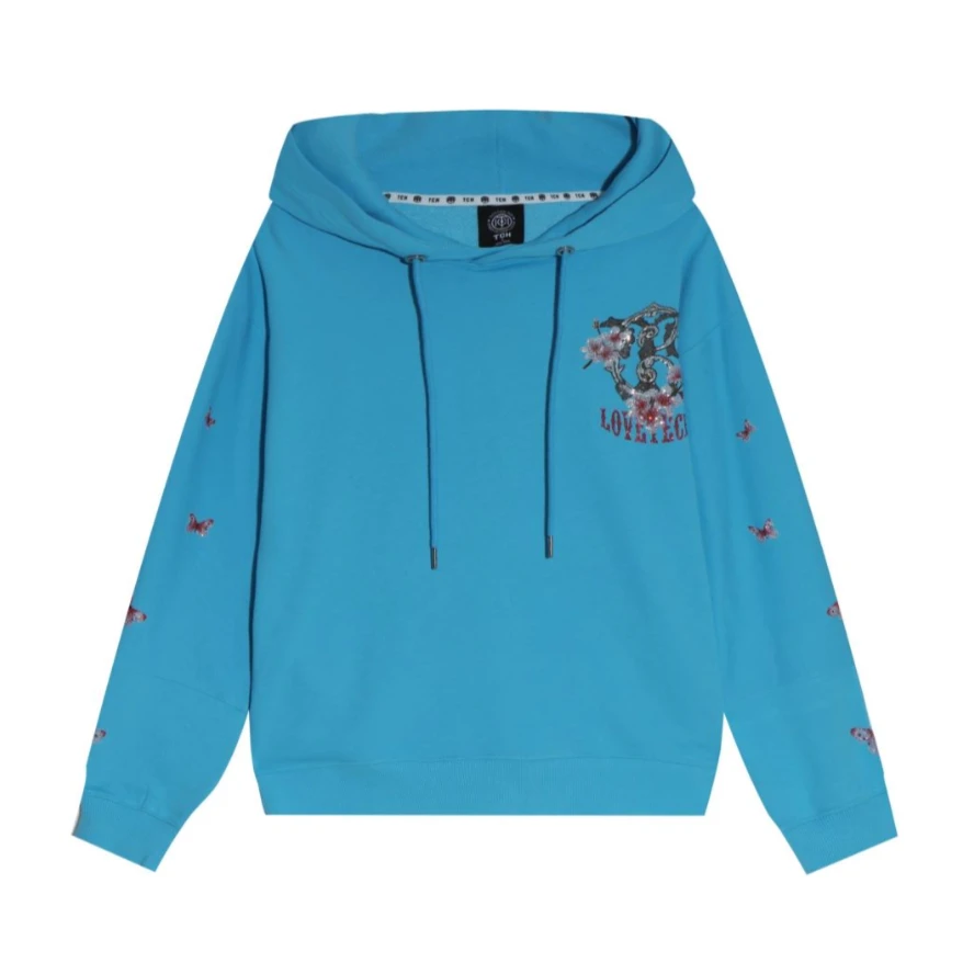 奥莱-TECHNOCHILLOUTHOUSE潮牌桃花字母烫钻帽衫T21112C6017洋气