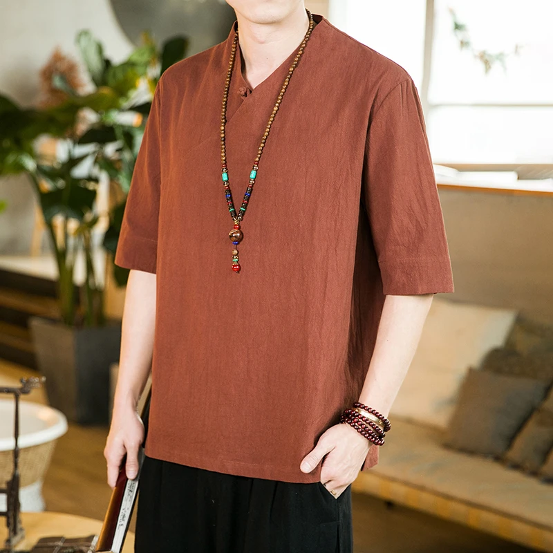 夏季棉麻斜襟汉服T恤中国风男复古休闲短袖衬衫宽松大码茶服半袖