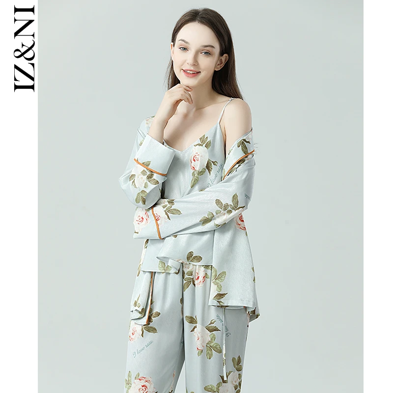 IIZZINI 秋季新款睡衣女长袖吊带冰丝国风殿春花家居服3件套装