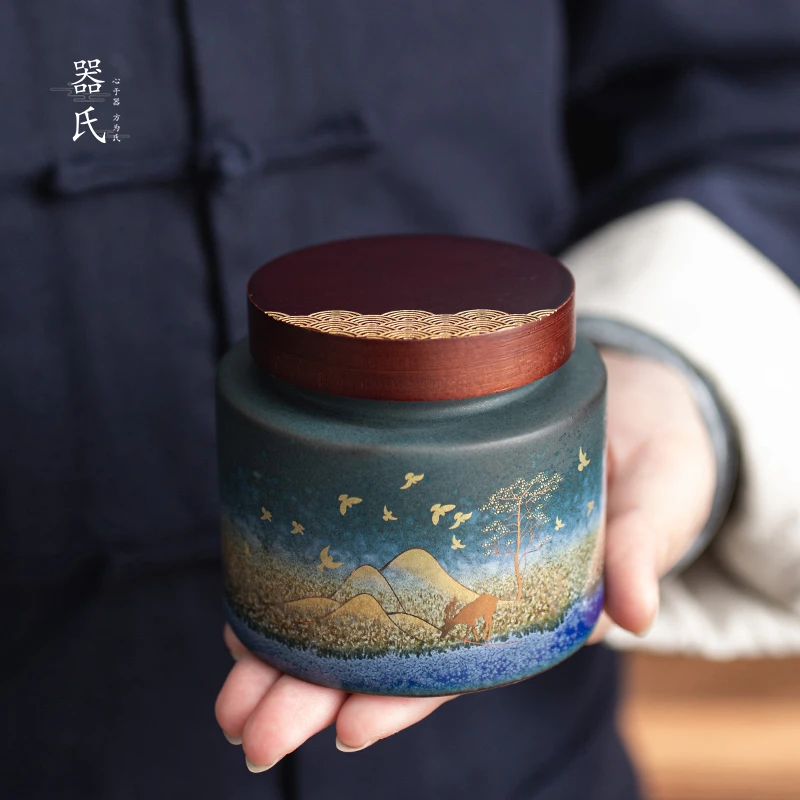 器氏 陶瓷茶叶罐便携防潮木盖密封罐家用普洱存茶罐茶叶盒小茶仓