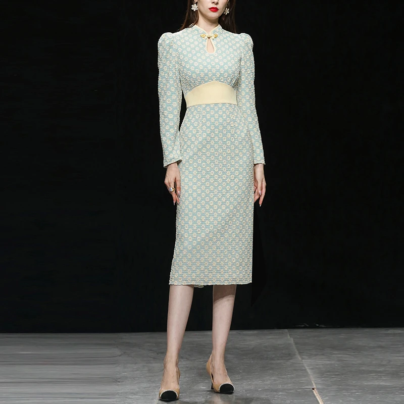 秋季新复古立领针织提花高腰拼接国潮显瘦中长连衣裙QC24646