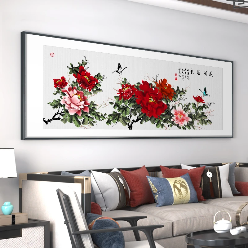 【牡丹】富贵满堂新中式客厅九鱼图挂画鲜艳牡丹花大幅沙发背景墙画