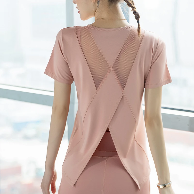 网红时尚宽松速干瑜伽服短袖健身房专业跑步训练运动上衣T恤女