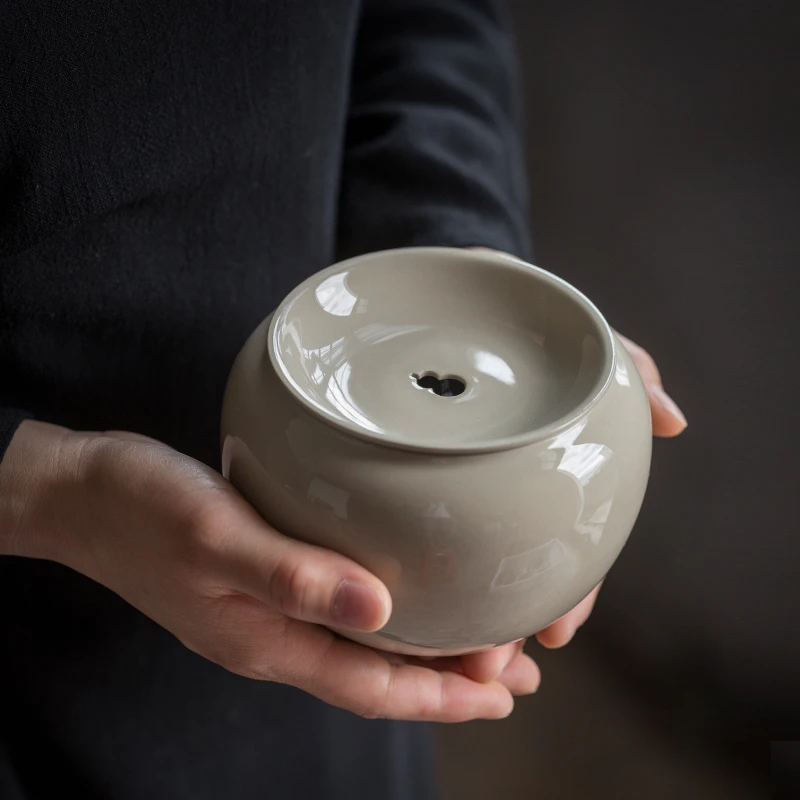 米白色建水茶水盂 干泡茶具零配陶瓷水洗废水瓶茶渣桶桌面茶渣罐