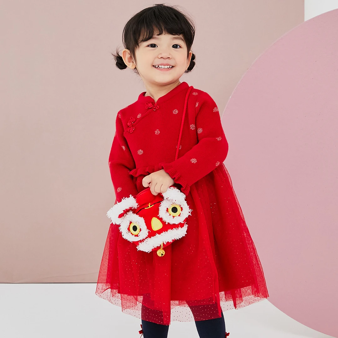 [中秋服]戴维贝拉宝宝新年秋装红色连衣裙古装汉服针织裙DBW16949