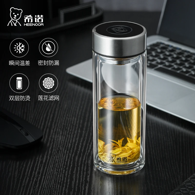 希诺双层玻璃杯加厚水杯男家用便携随手杯希诺水晶茶杯大容量杯子