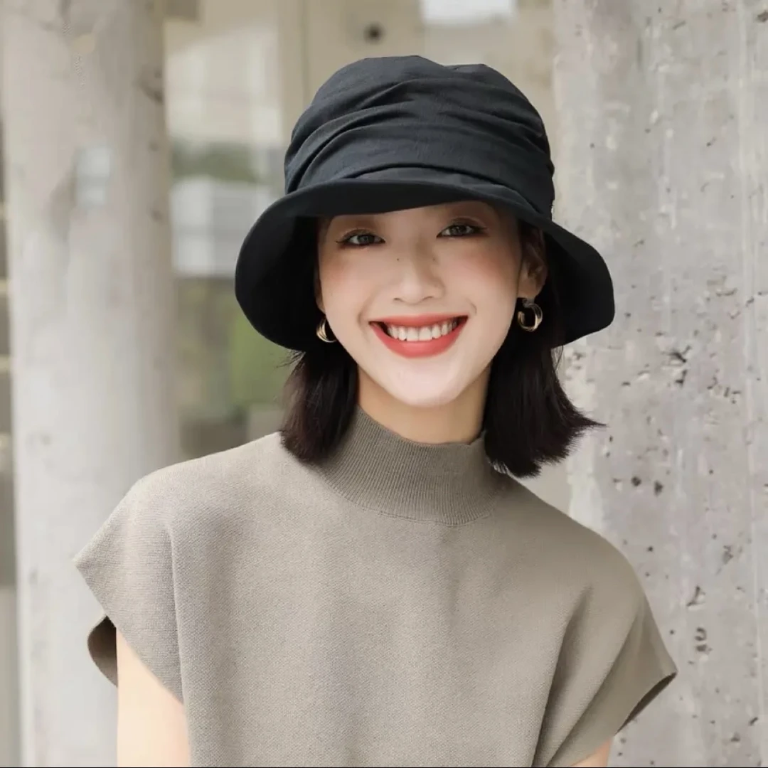 春季新品丝光棉复古褶皱渔夫帽出游小裙摆遮阳帽百搭时尚渔夫帽子