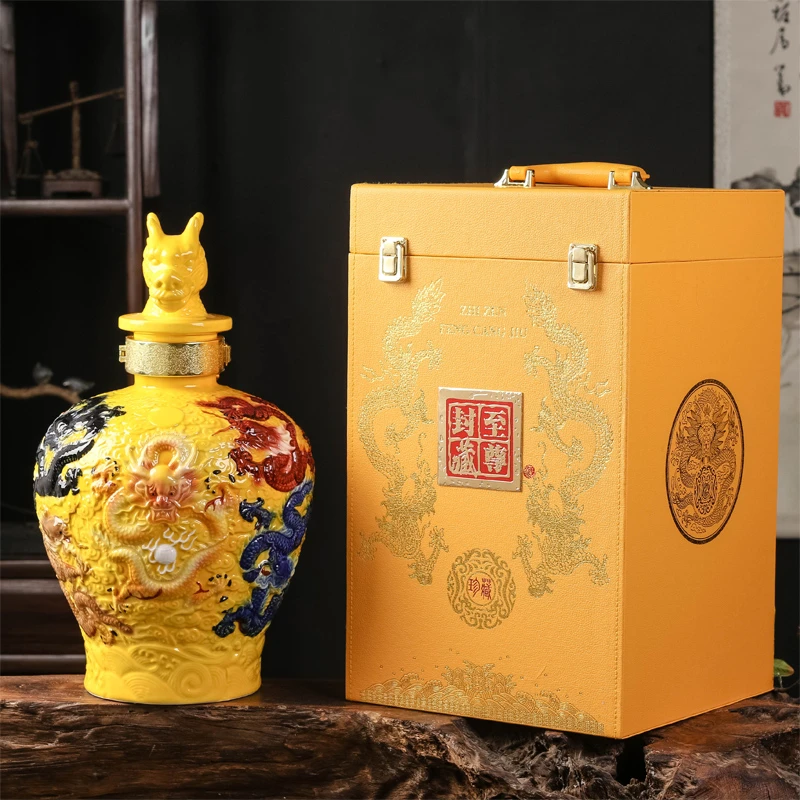 十斤装五彩雕刻九龙陶瓷酒坛子10斤龙纹酒瓶陶瓷散装密封坛封藏