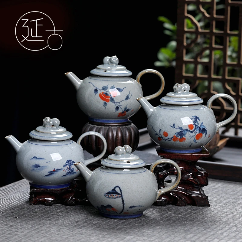 延古 仿古哥窑开片复古陶泥柿柿如意山水荷韵茶壶茶器