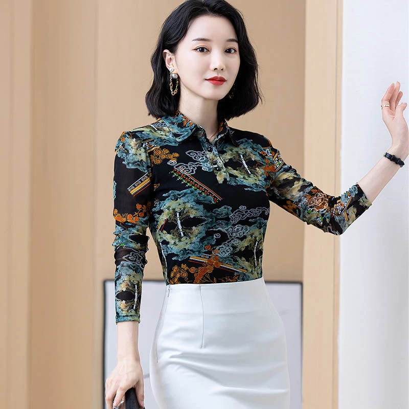 春秋祥云印花弹力修身网纱上衣2025年新款春装中国风打底衫女长袖