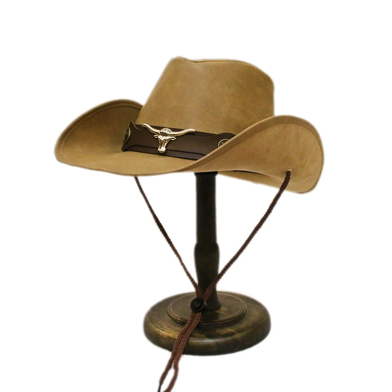 美国西部大牛头皮带男女皮革大檐骑马沙滩帽牛仔帽遮太阳帽子复古