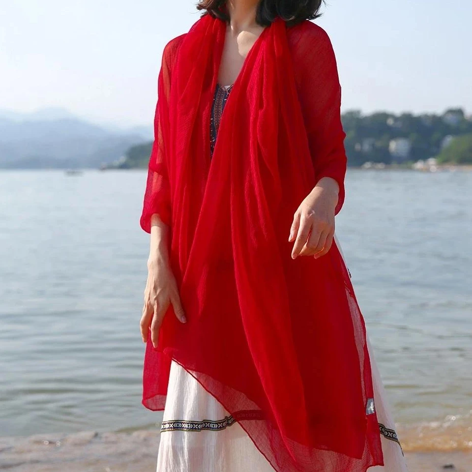 美丝宸正品热卖纯百搭极简风丝巾沙滩巾四季薄款极简外搭红色披肩