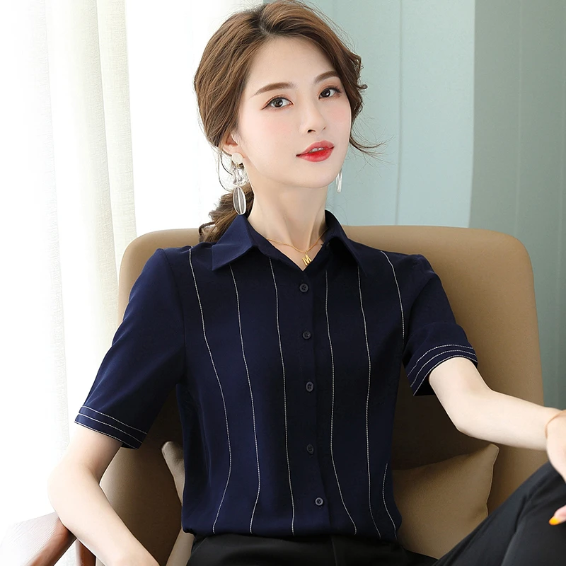 白色短袖衬衫女夏季新款气质条纹职业装洋气百搭休闲白领工装上衣