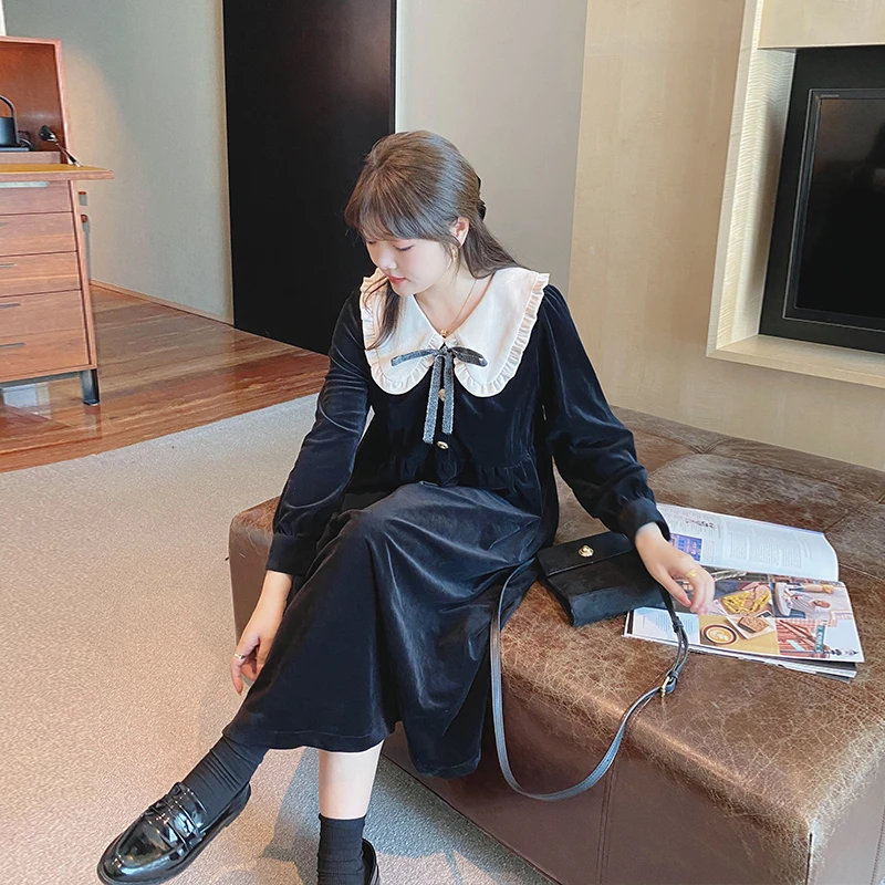 大码女装娃娃领丝绒连衣裙72644