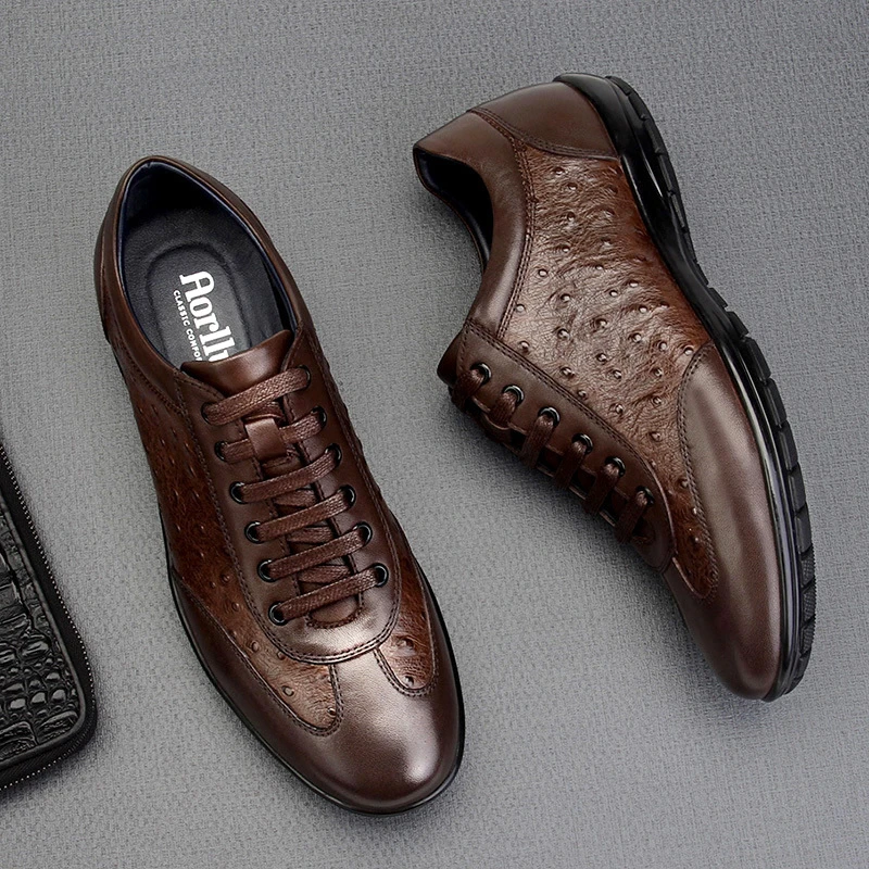 Aorllun/奥勒伦男士休闲皮鞋男真皮鸵鸟纹男鞋商务软底新款休闲鞋