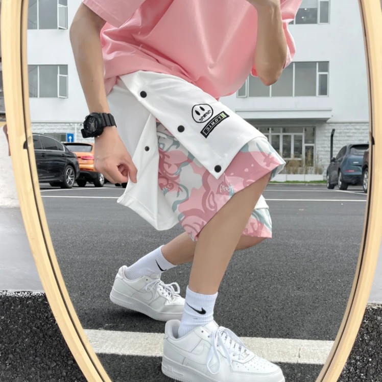 2024薄款-夏季新款港风大码腰果花排扣刺绣笑脸假两件宽松运动ins