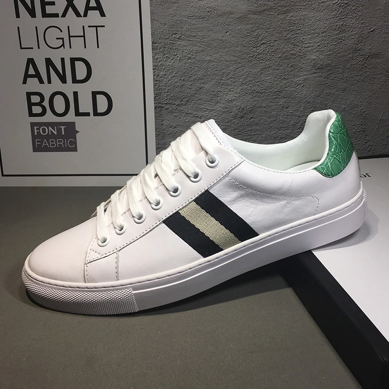 欧洲站男鞋韩版潮流男士时尚百搭春季板鞋头层牛皮休闲低帮小白鞋