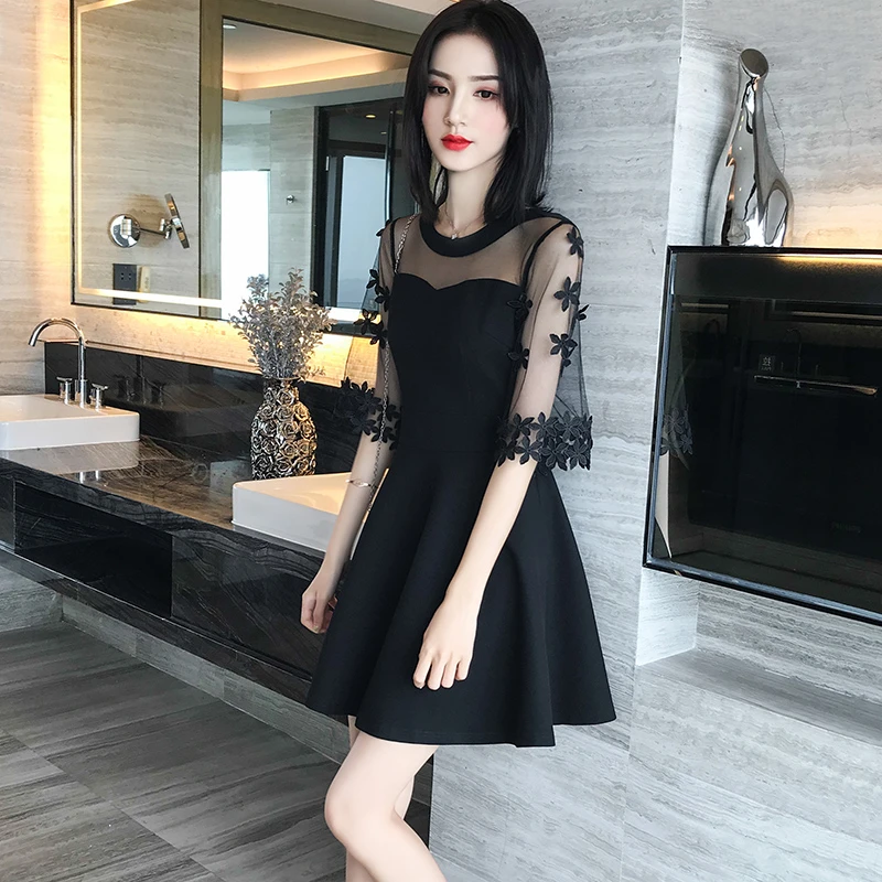 黑色连衣裙夏季新款显瘦气质小黑裙小个子网纱冷淡风拼接裙子夏装