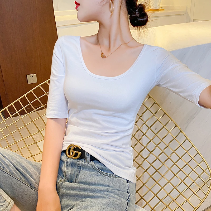白色中袖t恤女棉质春夏季双U领五分袖修身半袖短袖打底衫上衣潮