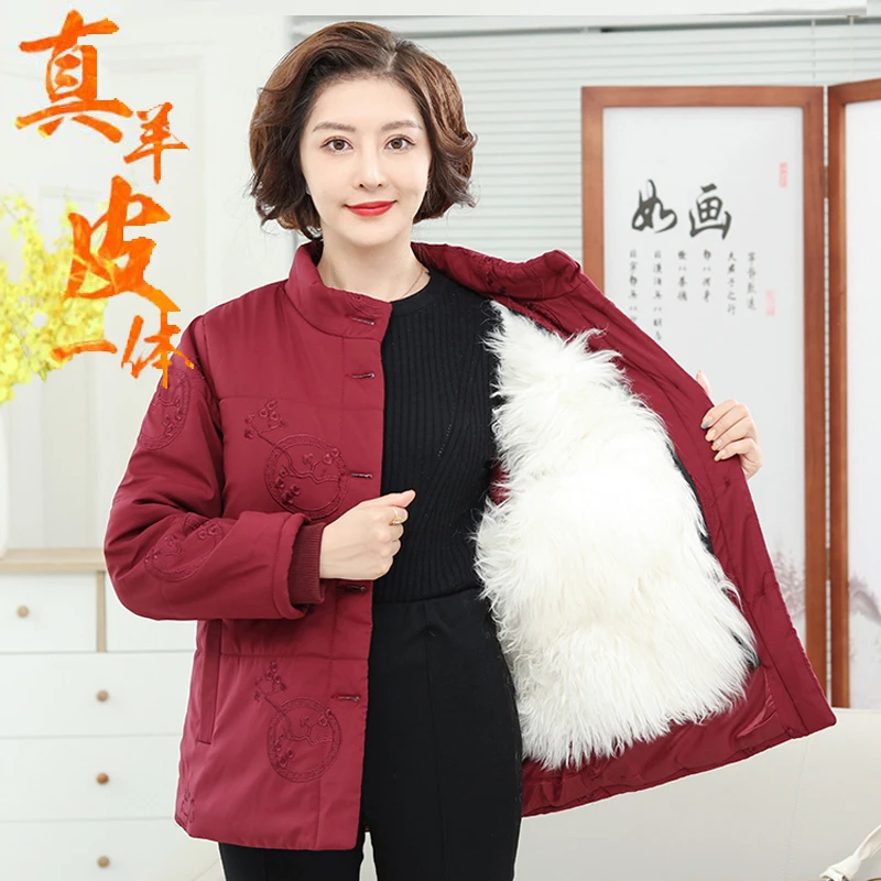 冬季羊毛棉袄女皮毛一体棉服中老年加厚保暖真羊皮外套皮袄妈妈装