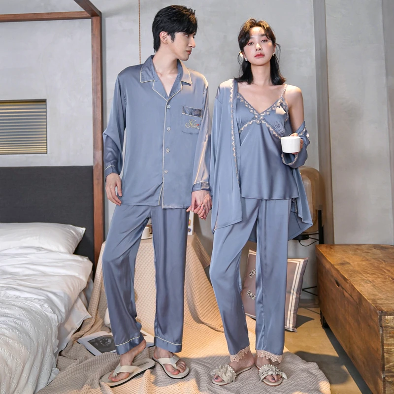 春秋季冰丝情侣睡衣女性感蕾丝花边三件套家居服男士套装