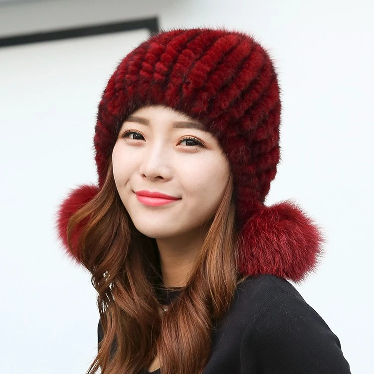 新款韩版女士水貂毛三球帽真皮狐狸毛球冬季保暖加厚可爱皮草帽子